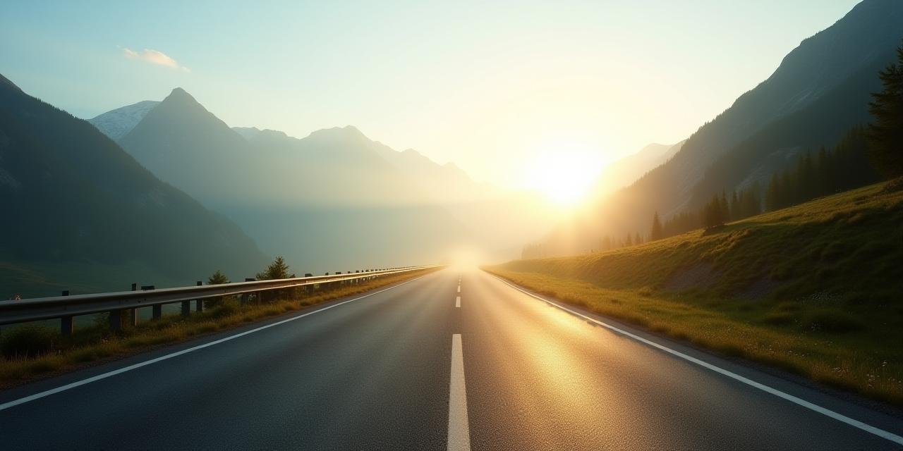 Alpenpass-Autobahn bei Sonnenaufgang mit Nebel und Bergen